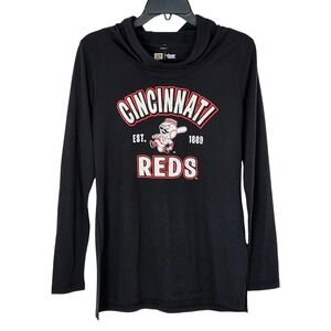 NEW Cincinnati Reds Hooded Shirt Womens Small Black Campus Lifestyle Cooperstown